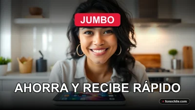 Una mujer latina sonríe mientras revisa su pedido de supermercado Jumbo en su teléfono, mostrando la aplicación de delivery.