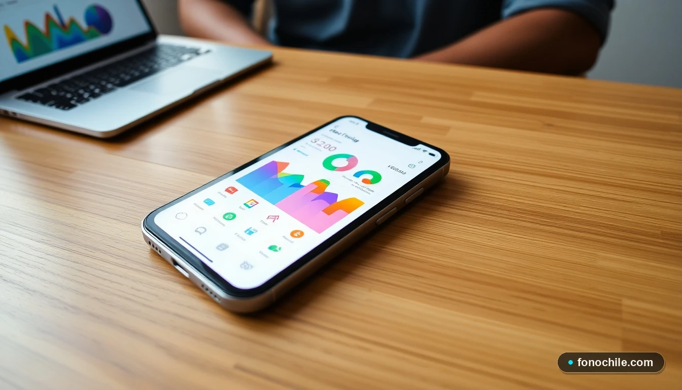 Smartphone mostrando una aplicación de seguimiento de delivery con gráficos de colores abstractos, sobre una mesa de madera.