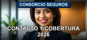 Una mujer latina sonríe amablemente en una oficina moderna, representando el servicio al cliente de Consorcio Seguros.
