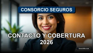 Una mujer latina sonríe amablemente en una oficina moderna, representando el servicio al cliente de Consorcio Seguros.