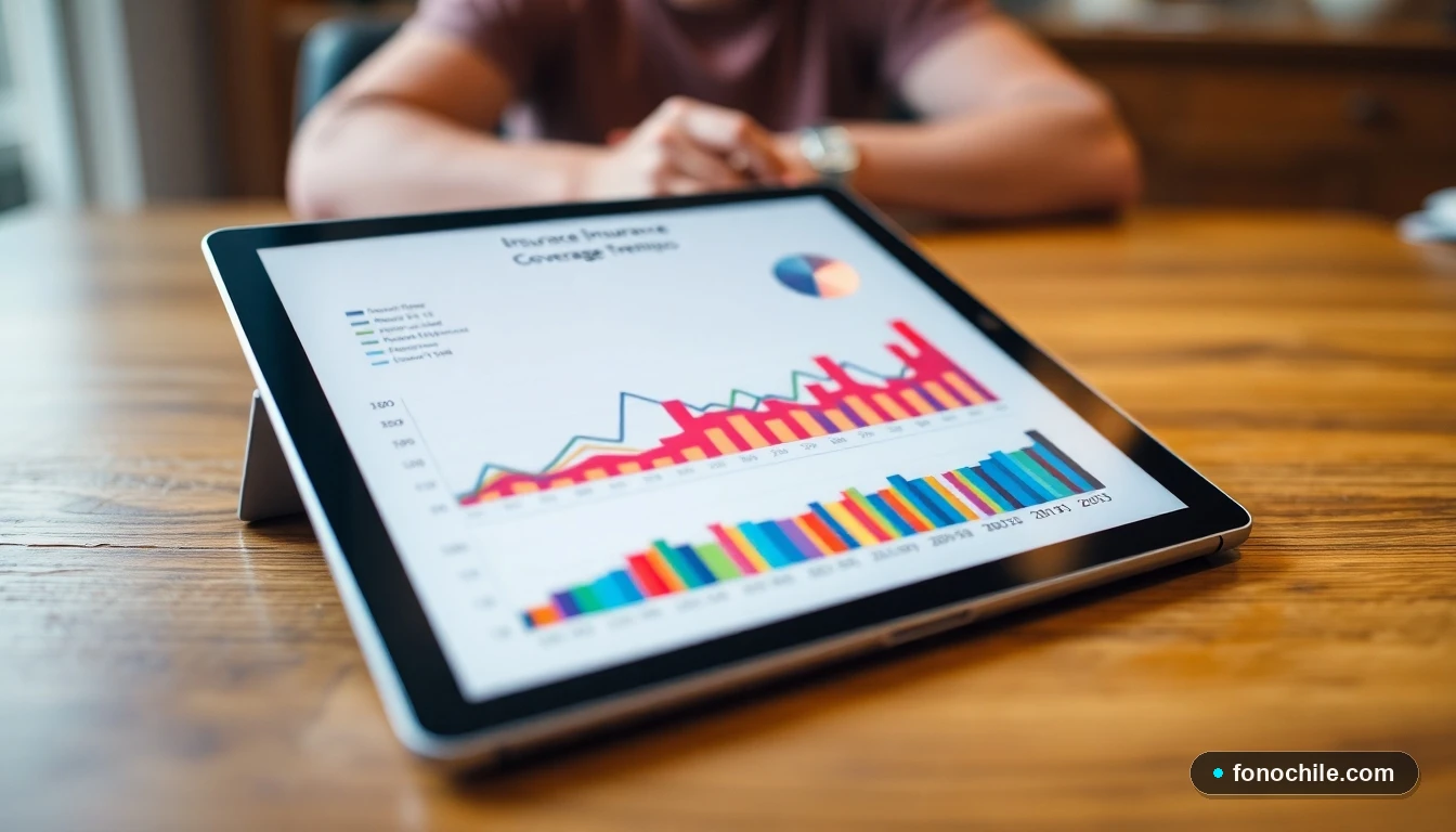 Gráficos abstractos de tendencias de seguros en Chile mostrados en una tablet moderna.