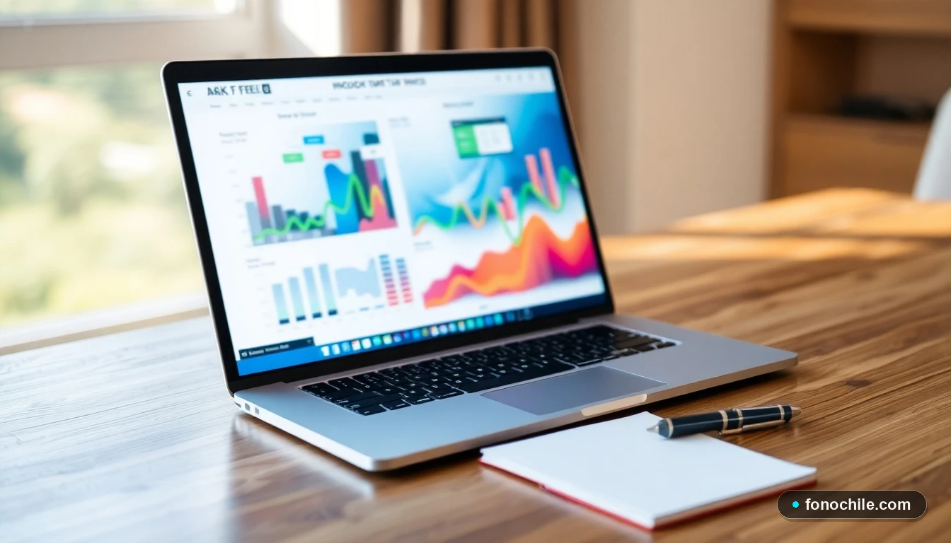 Laptop mostrando gráficos abstractos de datos previsionales en colores vibrantes sobre un escritorio de madera.