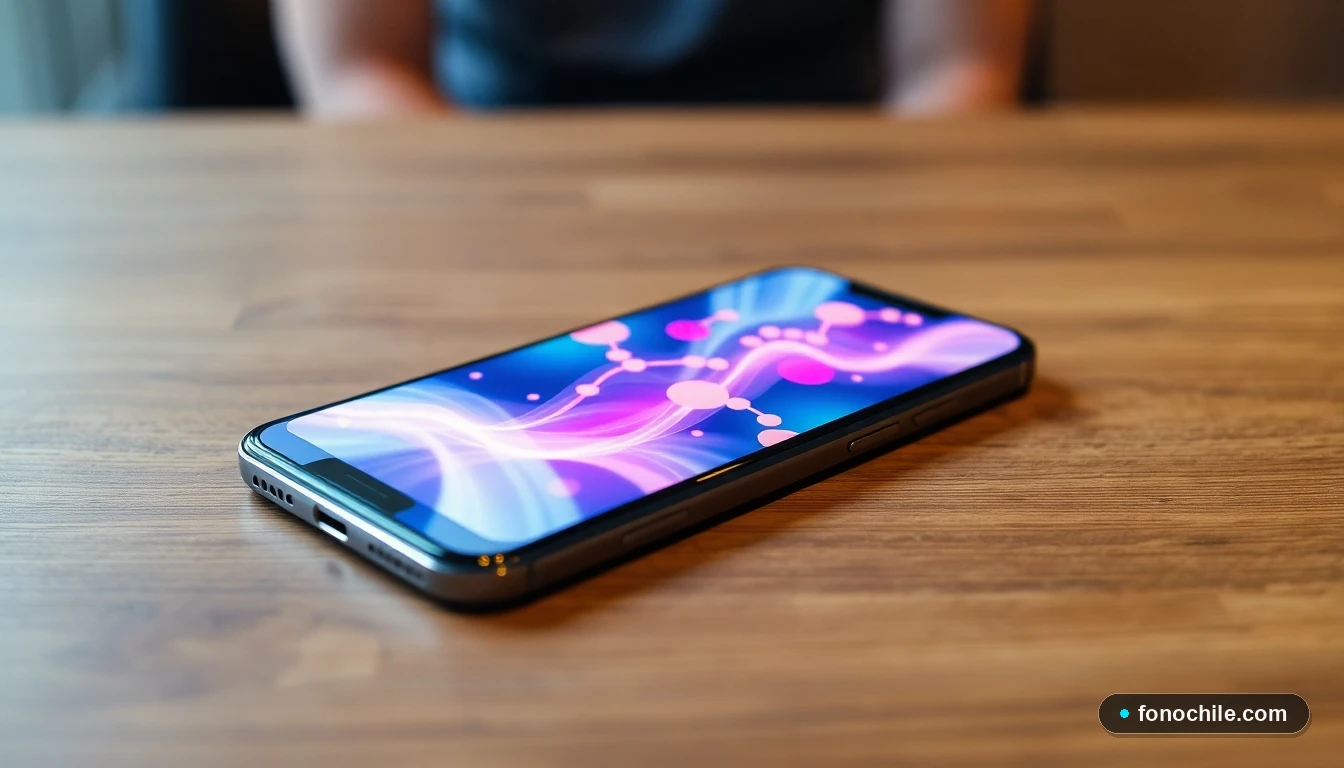 Smartphone mostrando una visualización abstracta de datos de consulta telefónica en colores vibrantes sobre una mesa.