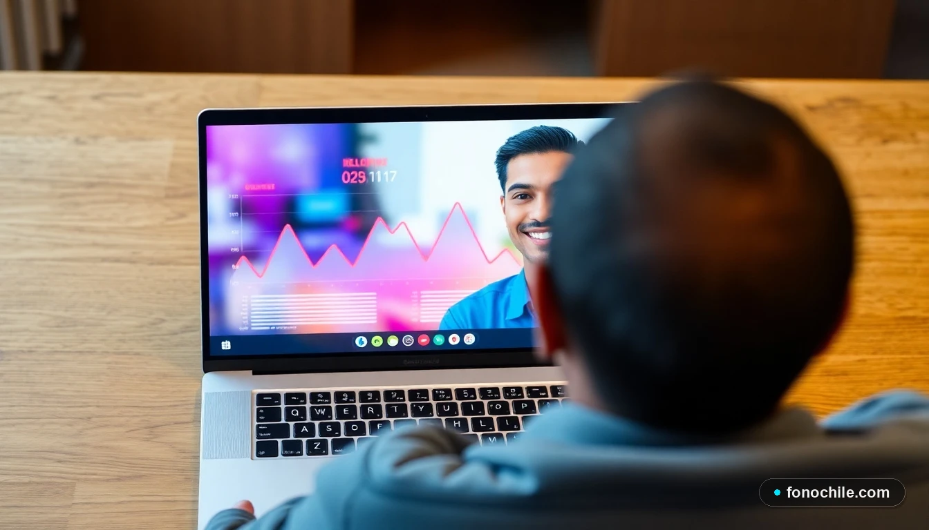 Persona realizando una consulta médica remota en Chile a través de videollamada, con gráficos de salud en pantalla.