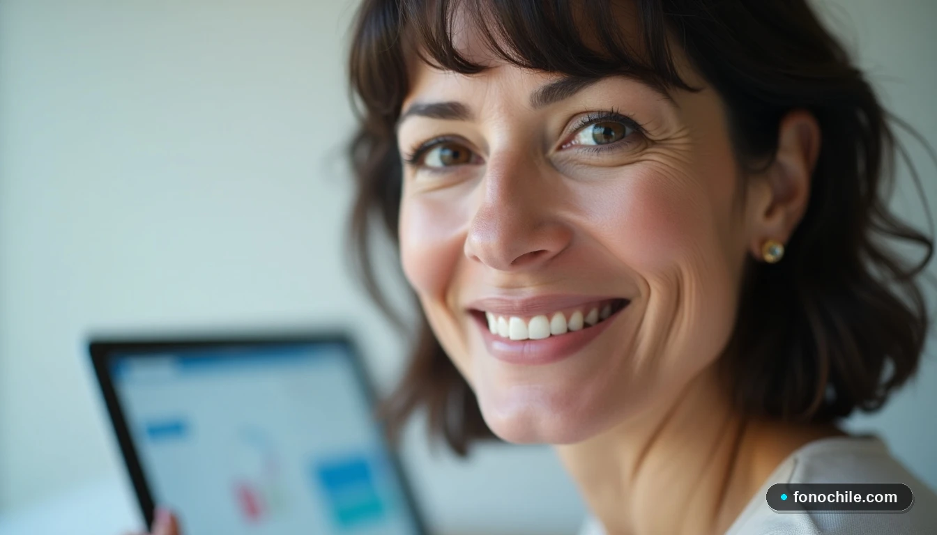 Mujer consultando opciones de pago de deuda en una tablet con interfaz genérica.