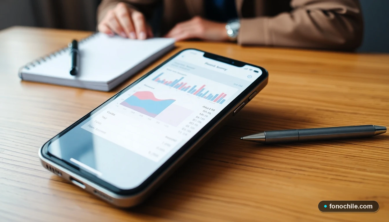 Smartphone mostrando una interfaz abstracta de consulta de saldo y deudas en un entorno doméstico.