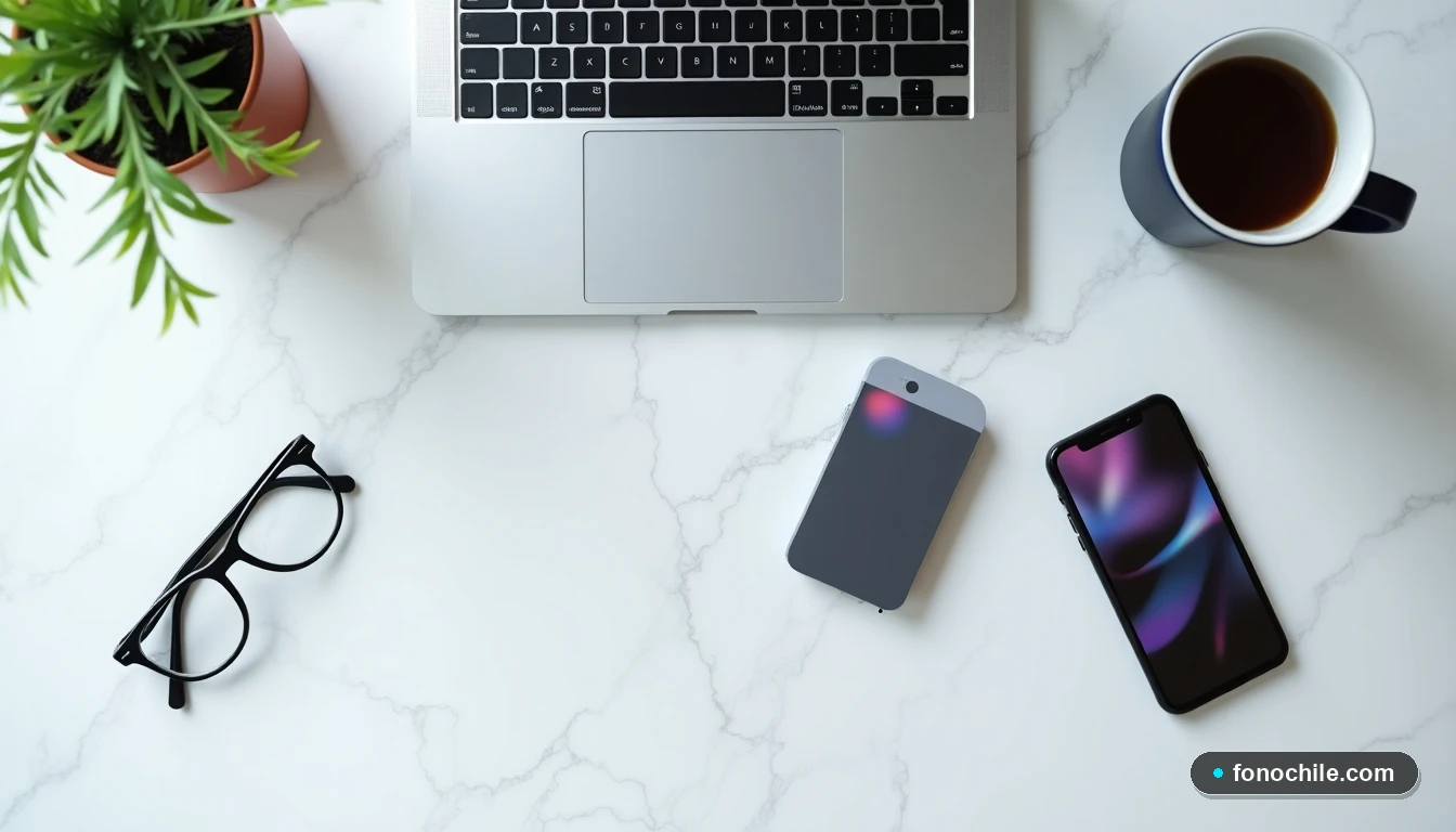 Vista aérea de un portátil y un teléfono inteligente en un escritorio minimalista, mostrando interfaces de usuario genéricas y borrosas.