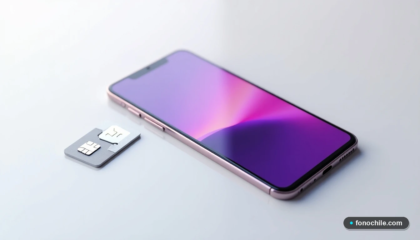 Teléfono y tarjeta SIM de WOM sobre una mesa, mostrando una interfaz de usuario genérica en la pantalla.