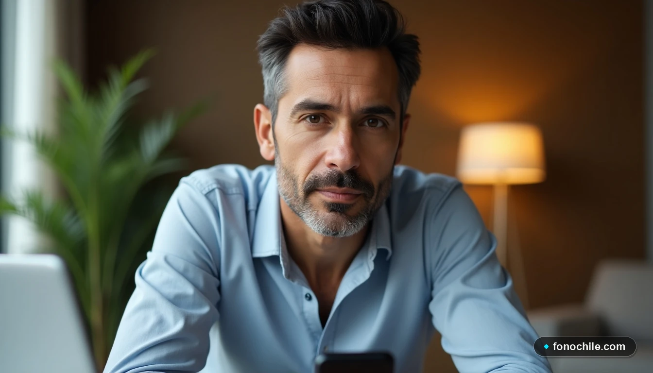 Hombre gestionando con tranquilidad su servicio de telecomunicaciones Movistar desde casa.