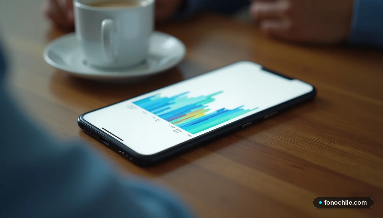 Smartphone mostrando un gráfico abstracto de colores sobre análisis de pagos y deudas, sobre una mesa de madera.