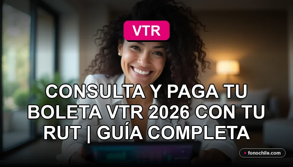 Una mujer latina sonríe amablemente mientras consulta su boleta VTR en una tablet con gráficos abstractos.