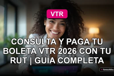 Una mujer latina sonríe amablemente mientras consulta su boleta VTR en una tablet con gráficos abstractos.