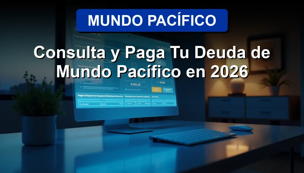 Hombre consultando su deuda de Mundo Pacífico en una pantalla holográfica futurista en su hogar, 2026.