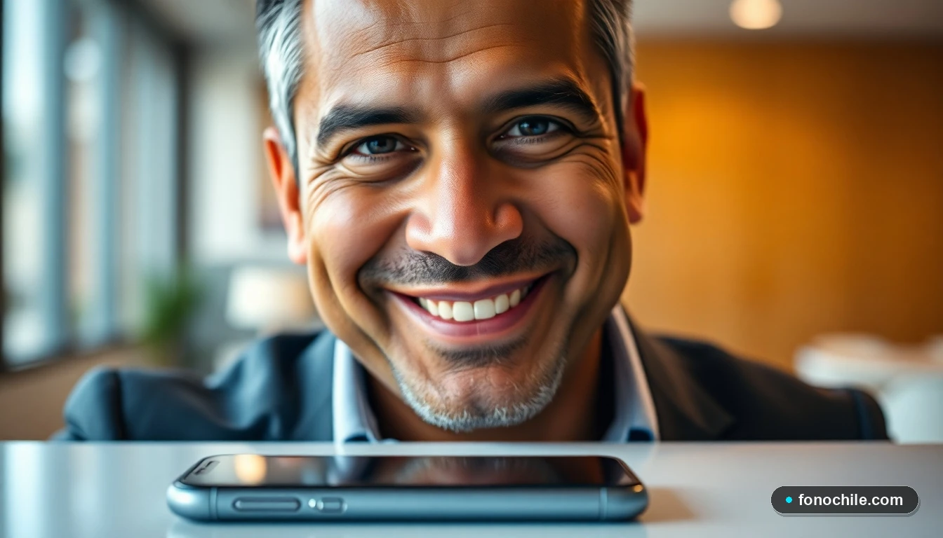 Hombre satisfecho tras gestionar su deuda con Entel usando su teléfono.