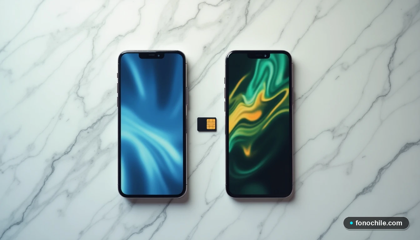 Dos teléfonos inteligentes y una tarjeta SIM en una mesa, representando el proceso de traspaso de saldo entre dispositivos Movistar.