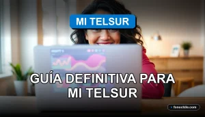 Una mujer revisando su boleta de servicios en línea en su laptop, con gráficos abstractos en la pantalla.