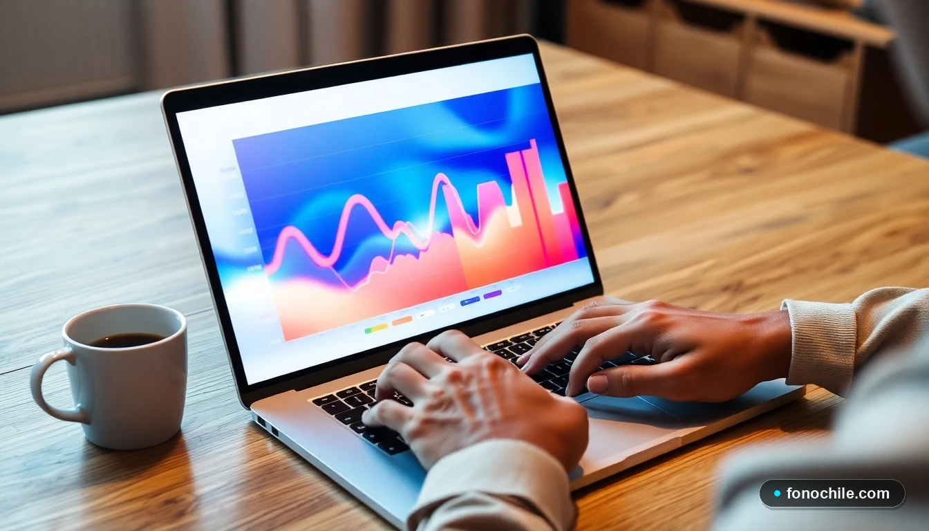 Pantalla de portátil mostrando gráficos de datos abstractos para la gestión de boletas y consumo de servicios.