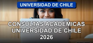 Estudiante universitaria revisando información de consultas académicas en una laptop, mostrando gráficos abstractos en la pantalla.