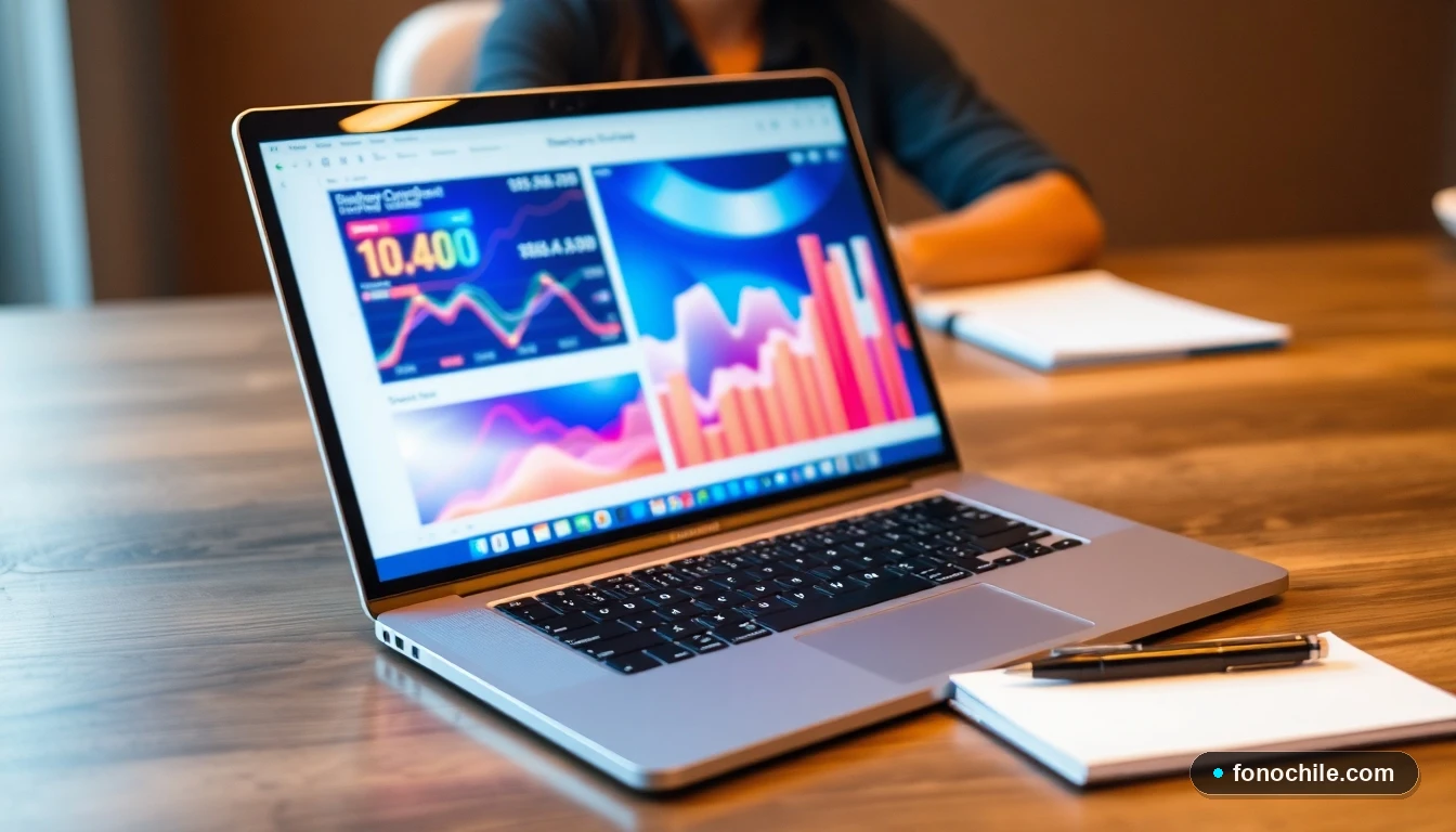 Laptop mostrando gráficos de datos abstractos para representar la gestión de consultas académicas universitarias.