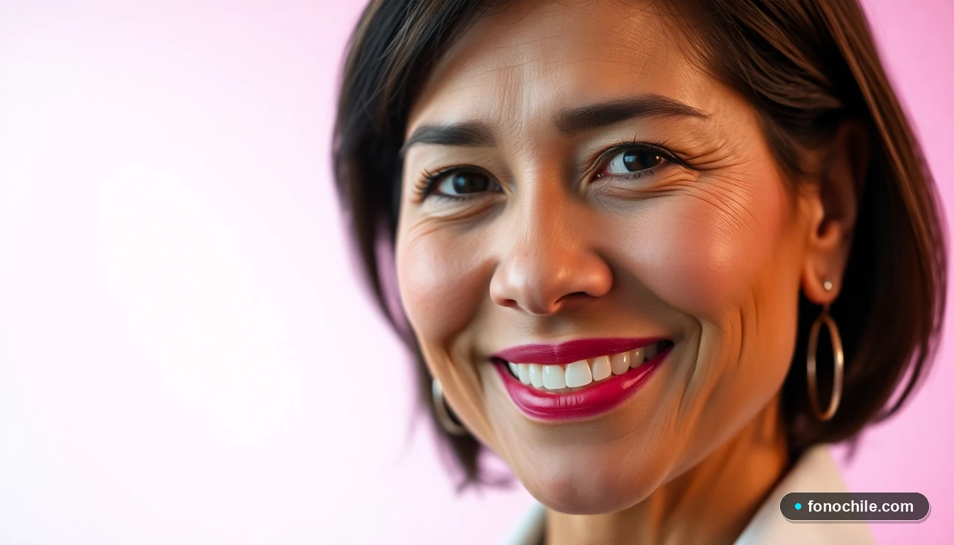 Retrato profesional de una asesora de servicio al cliente sonriendo, con un fondo corporativo de color magenta suave.