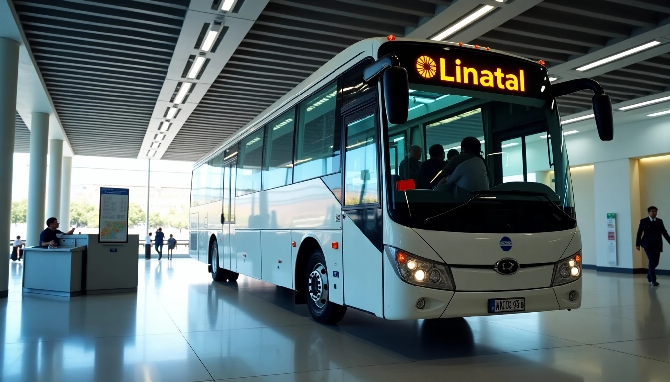 Moderno bus de Buses Linatal estacionado en terminal chileno, información de horarios y rutas disponible.