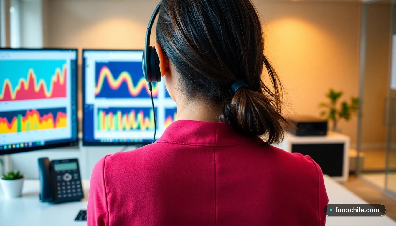 Vista trasera de una agente de Buses Linatal en su estación de trabajo moderna, con un teléfono y pantallas mostrando gráficos abstractos.