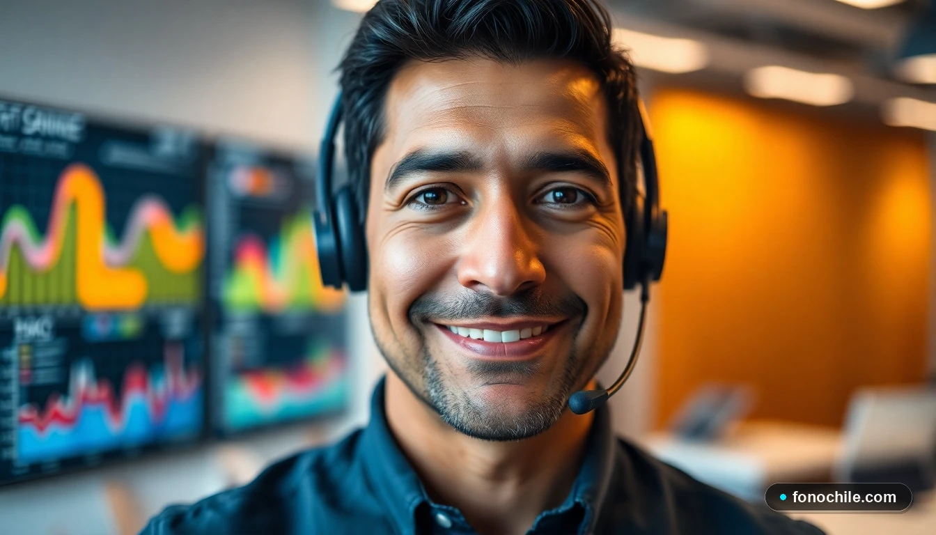 Primer plano de un agente de TranSantin atendiendo una llamada, con gráficos abstractos de fondo en una oficina de atención al cliente.