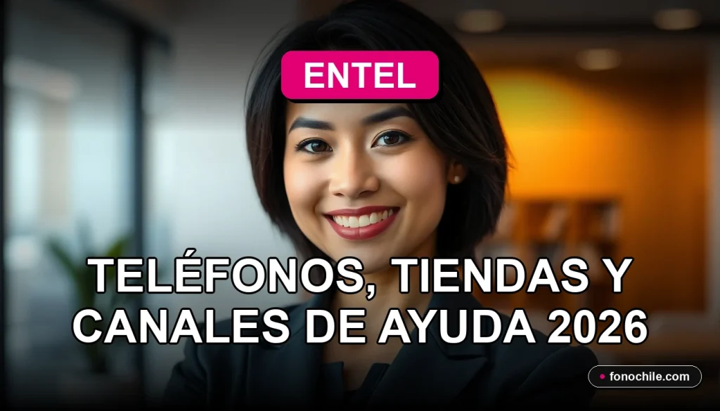Una mujer latina sonriente, representando al servicio de atención al cliente de Entel Chile, en un entorno profesional y moderno.
