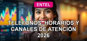 Mujer latina sonriente en un centro de atención al cliente moderno, representando el servicio de soporte de Entel.