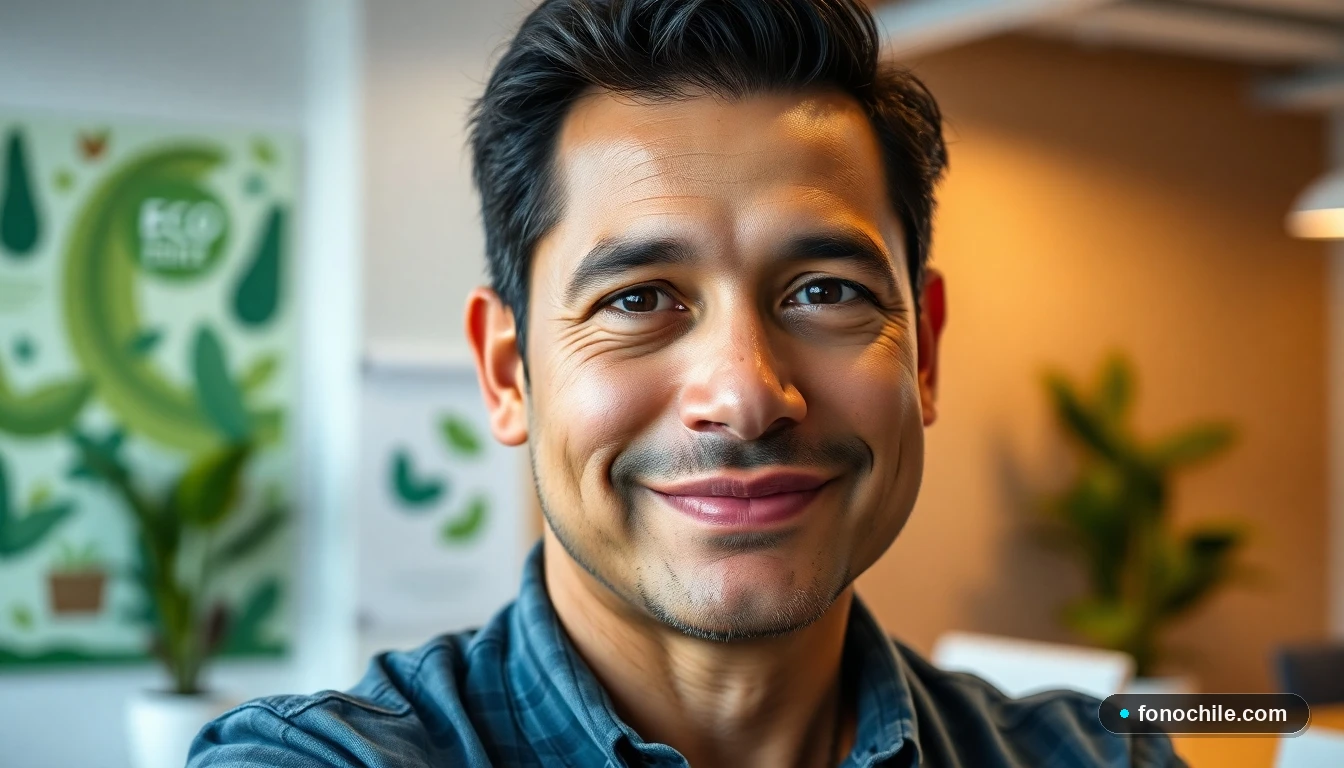 Primer plano de voluntario de Greenpeace Chile sonriendo en oficina ecológica con plantas