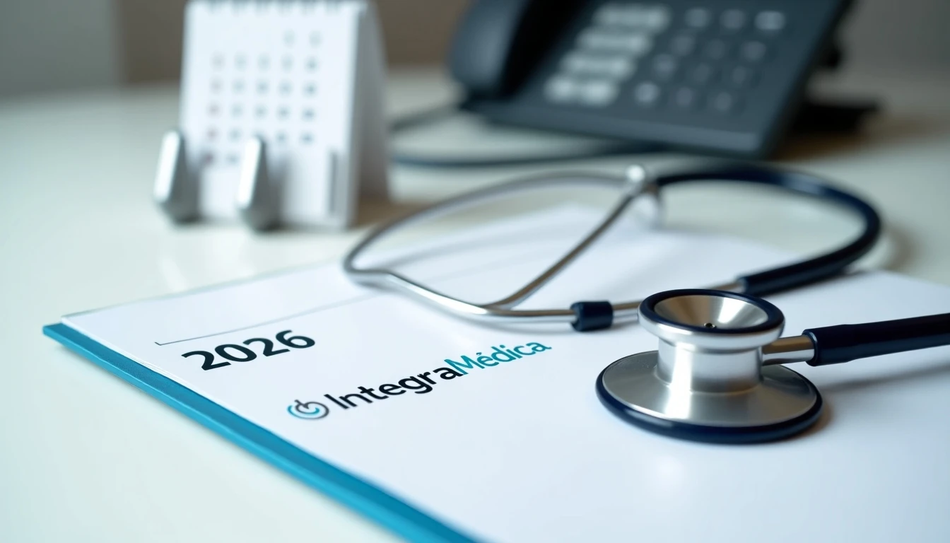 Elementos de consultorio médico con teléfono y logo de IntegraMédica para contacto