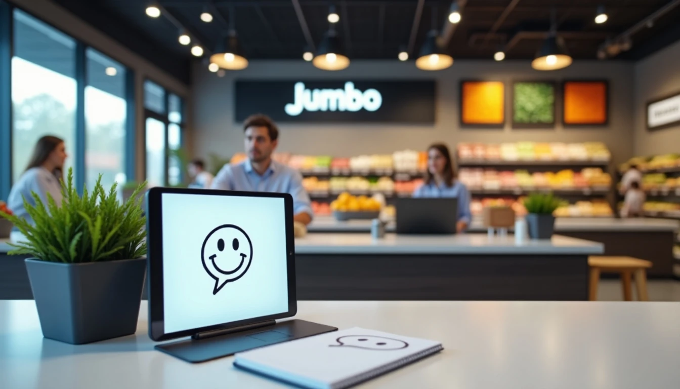Atención al cliente Jumbo en supermercado - Mesa de servicio con tablet y logo