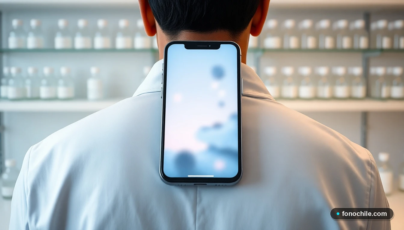 Un científico de Laboratorio Blanco observa un teléfono inteligente en un mostrador de laboratorio limpio, listo para atender su consulta.