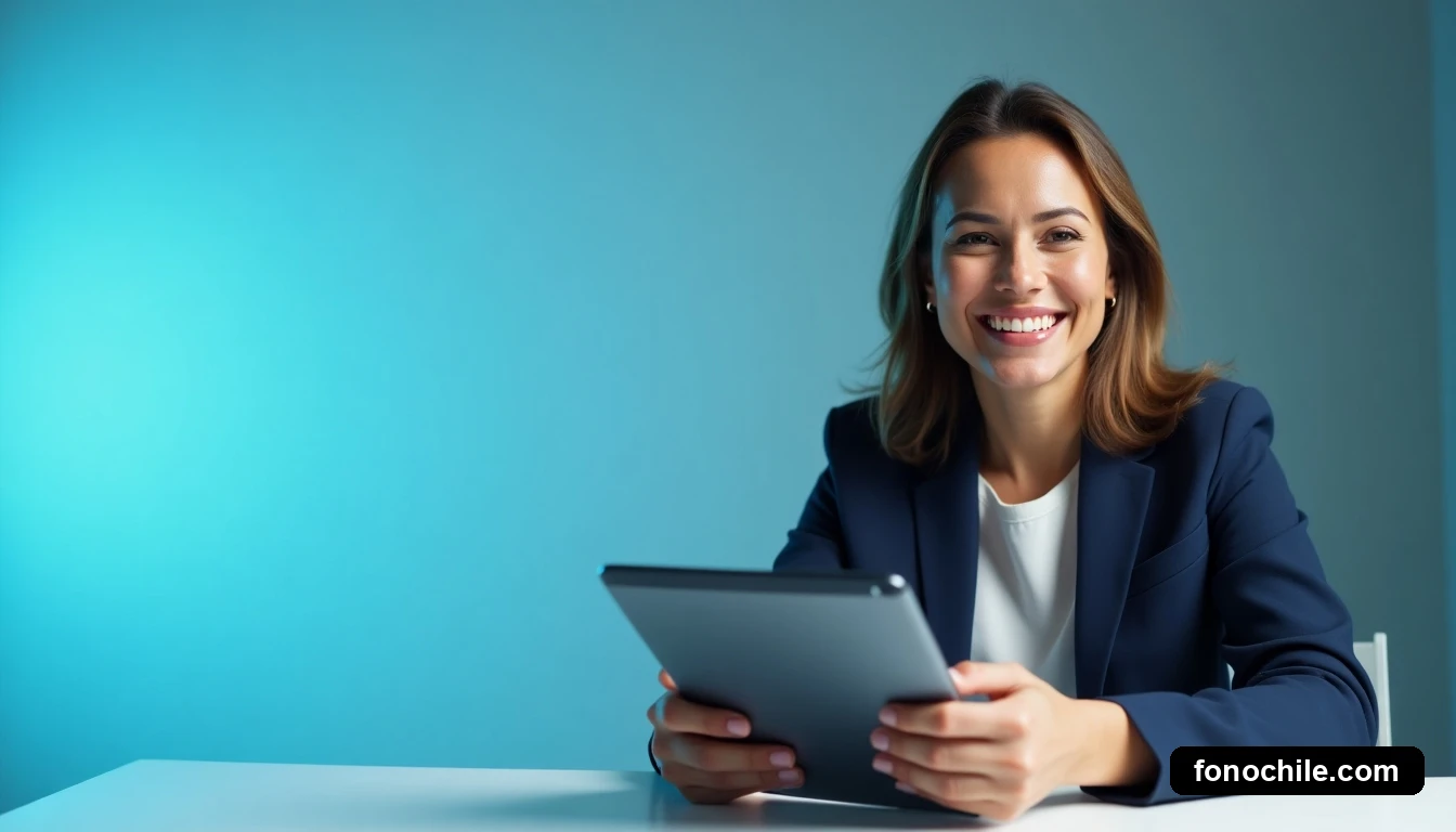 Asesora de servicio al cliente de Mundo sonriendo con confianza, con un dispositivo tablet en primer plano desenfocado.