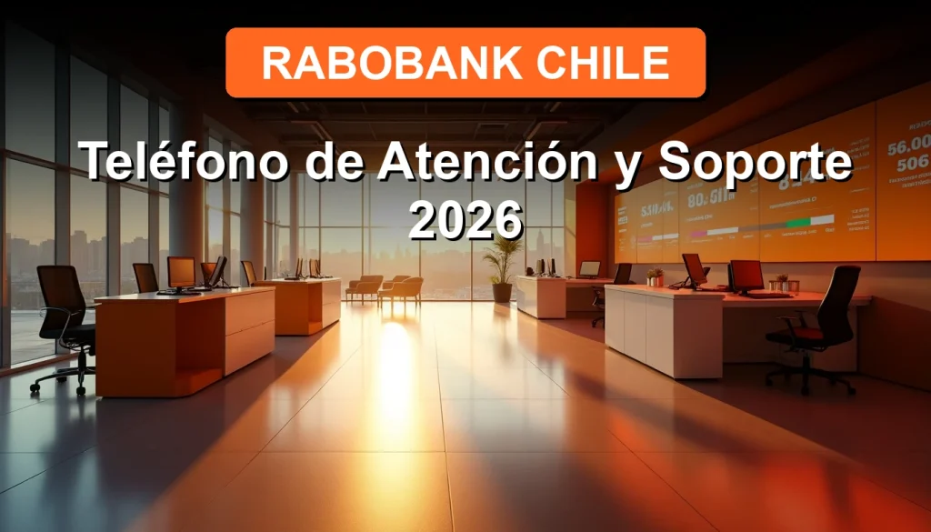 Una ejecutiva de Rabobank Chile sonríe con confianza frente a un moderno centro de atención al cliente, representando el soporte financiero accesible y cercano.