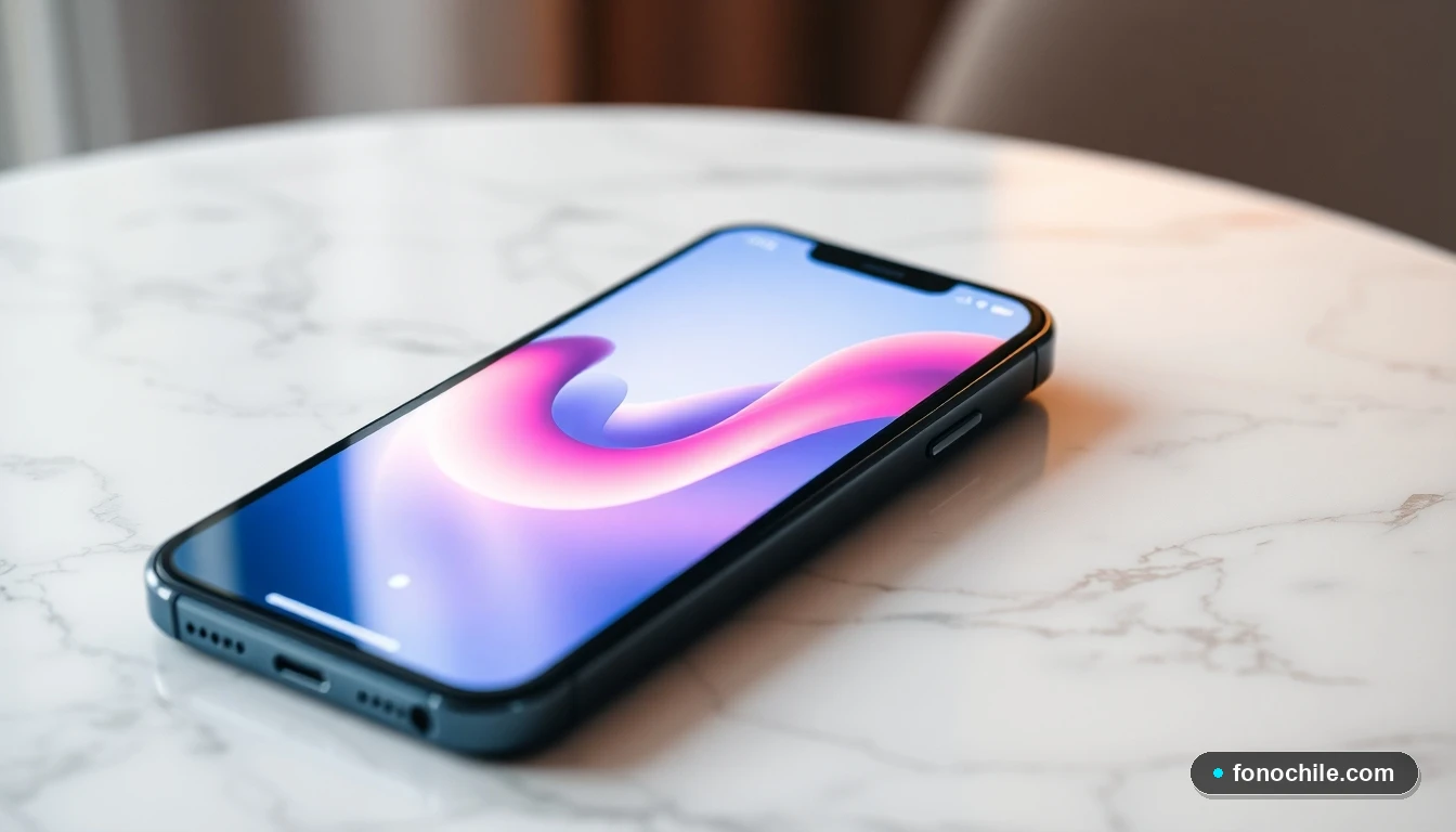 Un teléfono inteligente moderno sobre una mesa, mostrando una interfaz genérica con gráficos de colores, representando el contacto con Sencillito Chile.