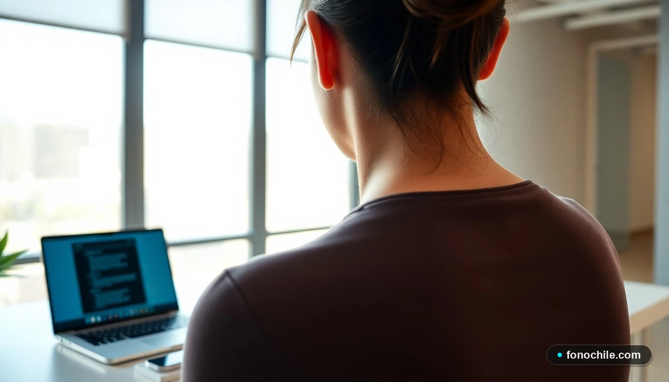 Vista detallada del espacio de trabajo moderno de una asesora de Socofin, con laptop y teléfono inteligente en un escritorio minimalista.
