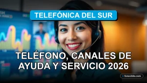 Mujer latina sonriente, representante de servicio al cliente de Telefónica del Sur, en un entorno profesional y moderno.