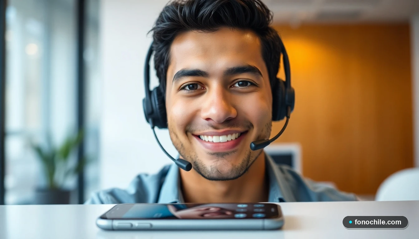 Agente de soporte de Telefónica del Sur ofreciendo ayuda personalizada, con un teléfono inteligente en el fondo.