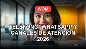 Mujer latina sonriente, representando el servicio al cliente de WOM, con un teléfono inteligente mostrando gráficos abstractos en su pantalla.