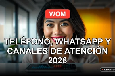 Mujer latina sonriente, representando el servicio al cliente de WOM, con un teléfono inteligente mostrando gráficos abstractos en su pantalla.
