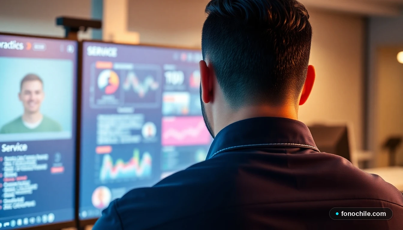 Agente de soporte de WOM en un moderno centro de contacto, revisando información en una pantalla de computadora.