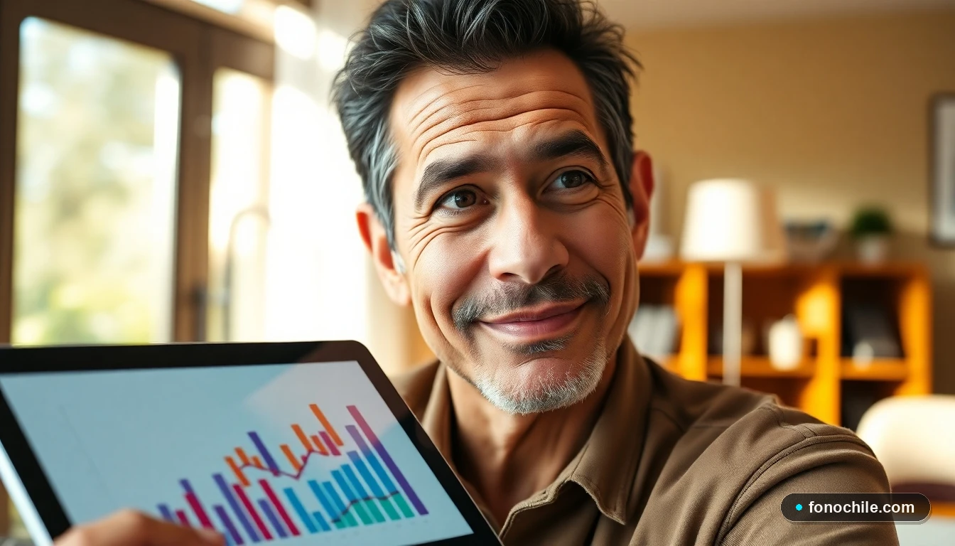 Cliente de AFP Capital revisando sus proyecciones de pensión en su hogar, con gráficos abstractos en una tablet.