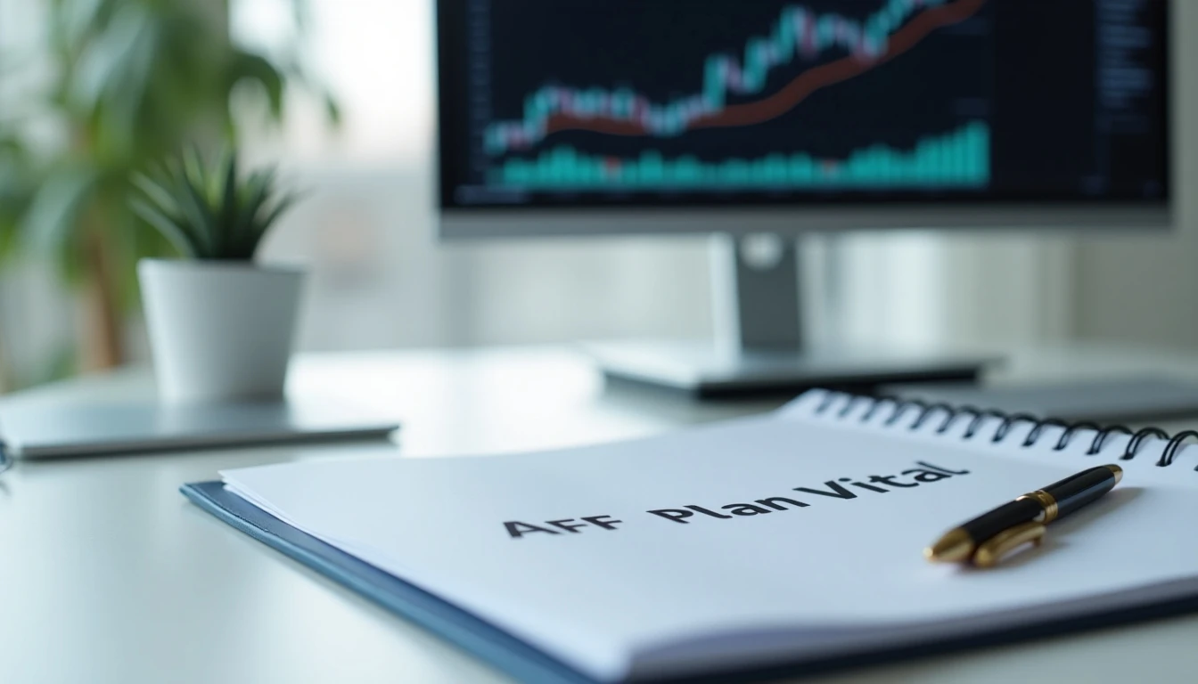 Escritorio organizado con elementos de consulta para AFP Plan Vital, incluyendo gráficos financieros en pantalla.