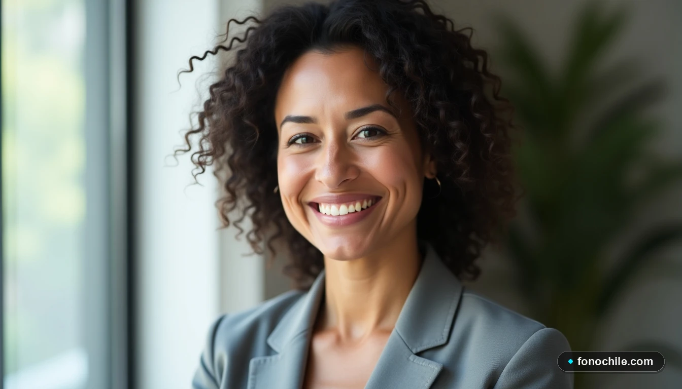 Primer plano de una profesional de servicio al cliente sonriendo, con expresión amable y confiable.