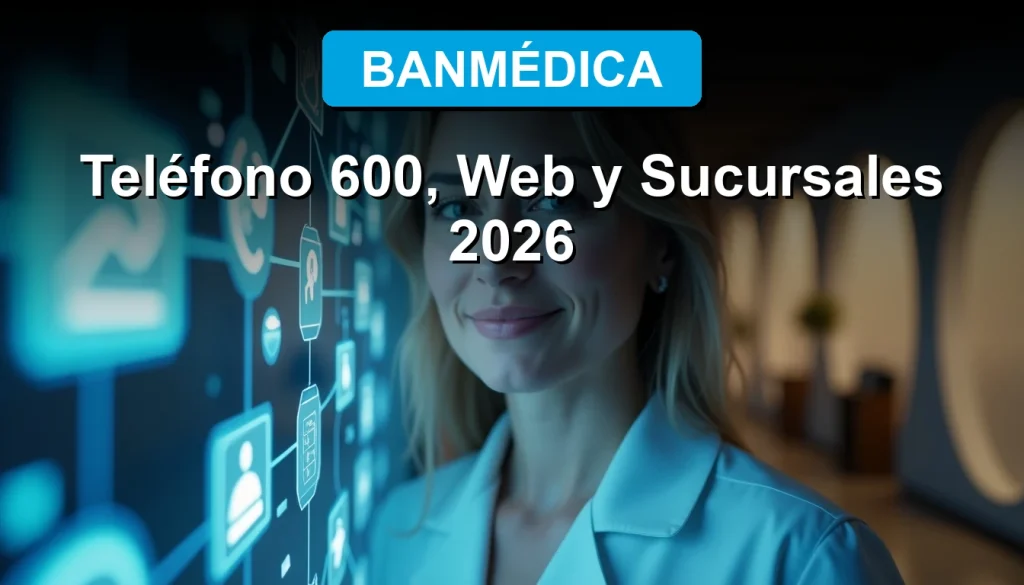 Mujer sonriente hablando con un asesor virtual en pantalla transparente, con logo Banmédica y colores azul institucional.
