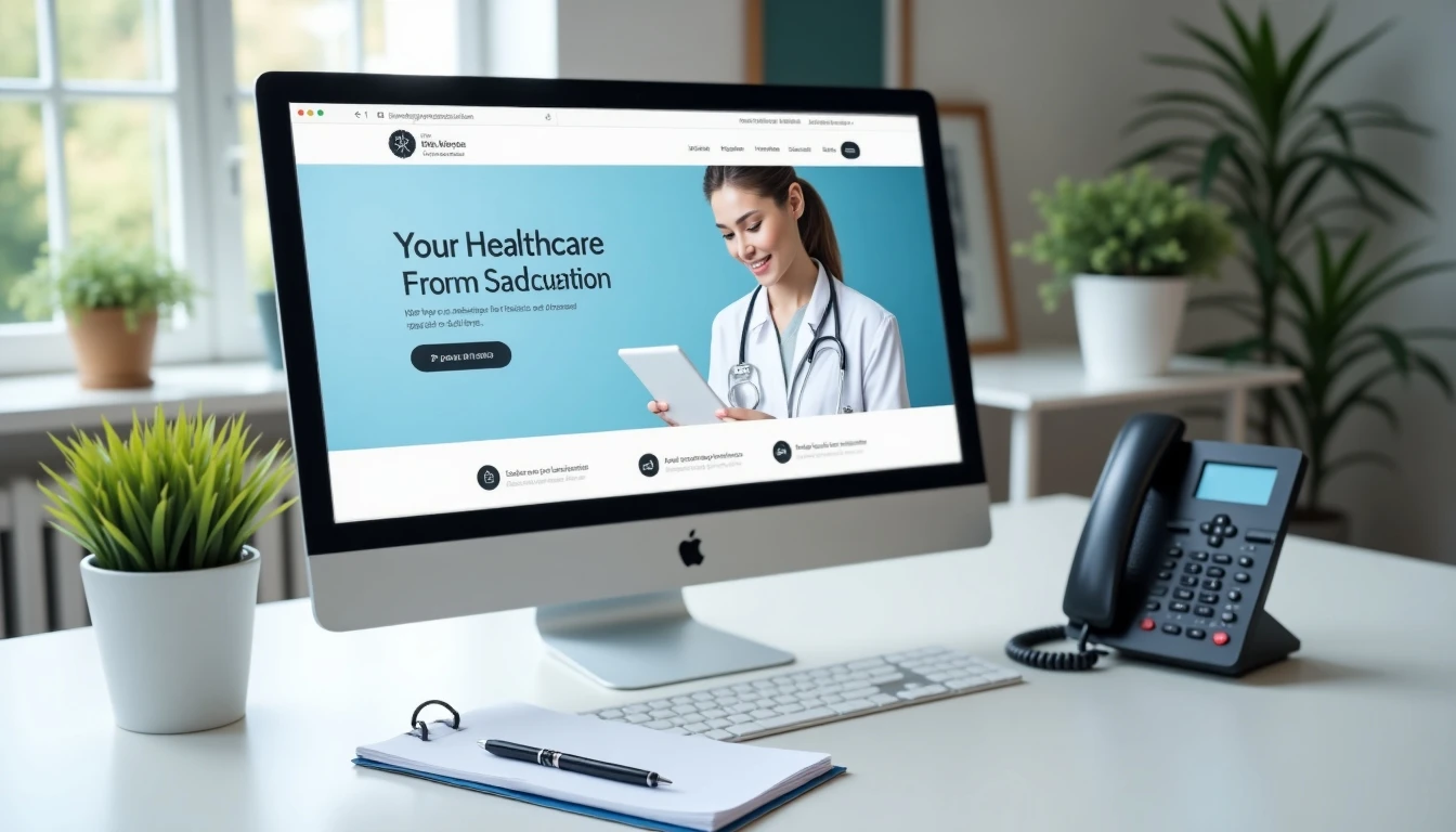 Escritorio moderno con los elementos para contactar a Isapre Banmédica: teléfono, computador y notas.