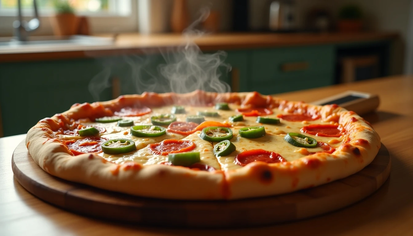 Pizza recién horneada de Papa John's con pepperoni y pimientos, lista para ser disfrutada en Chile.