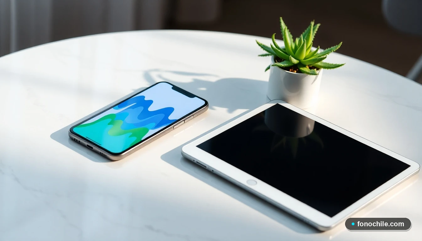 Dispositivos modernos sobre una mesa mostrando gráficos abstractos, representando el acceso digital a los servicios de ProVida AFP.