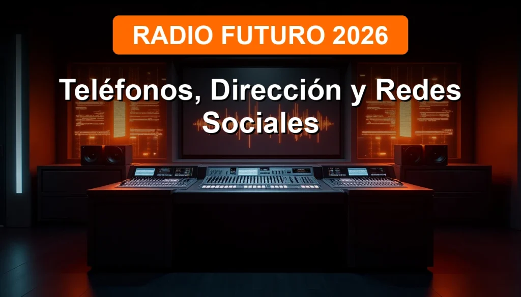Estudio de Radio Futuro 2026 con tecnología de transmisión futurista y pantallas holográficas naranjas.
